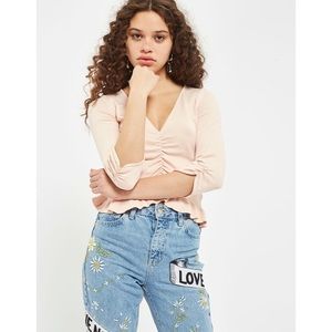 Topshop Petite Ruched Front Frill Blouse